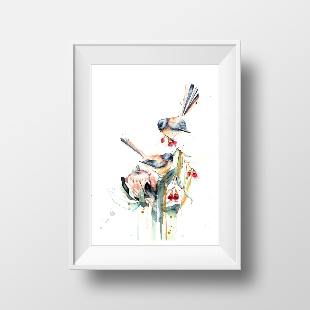 Piwaka | Fantails on Protea-Mia Riddell Watercolour